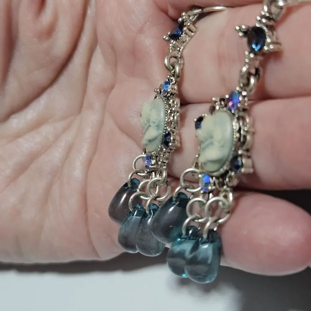 Silver Tone Blue Butterfly Cameo Chandelier Blue Glass Earrings